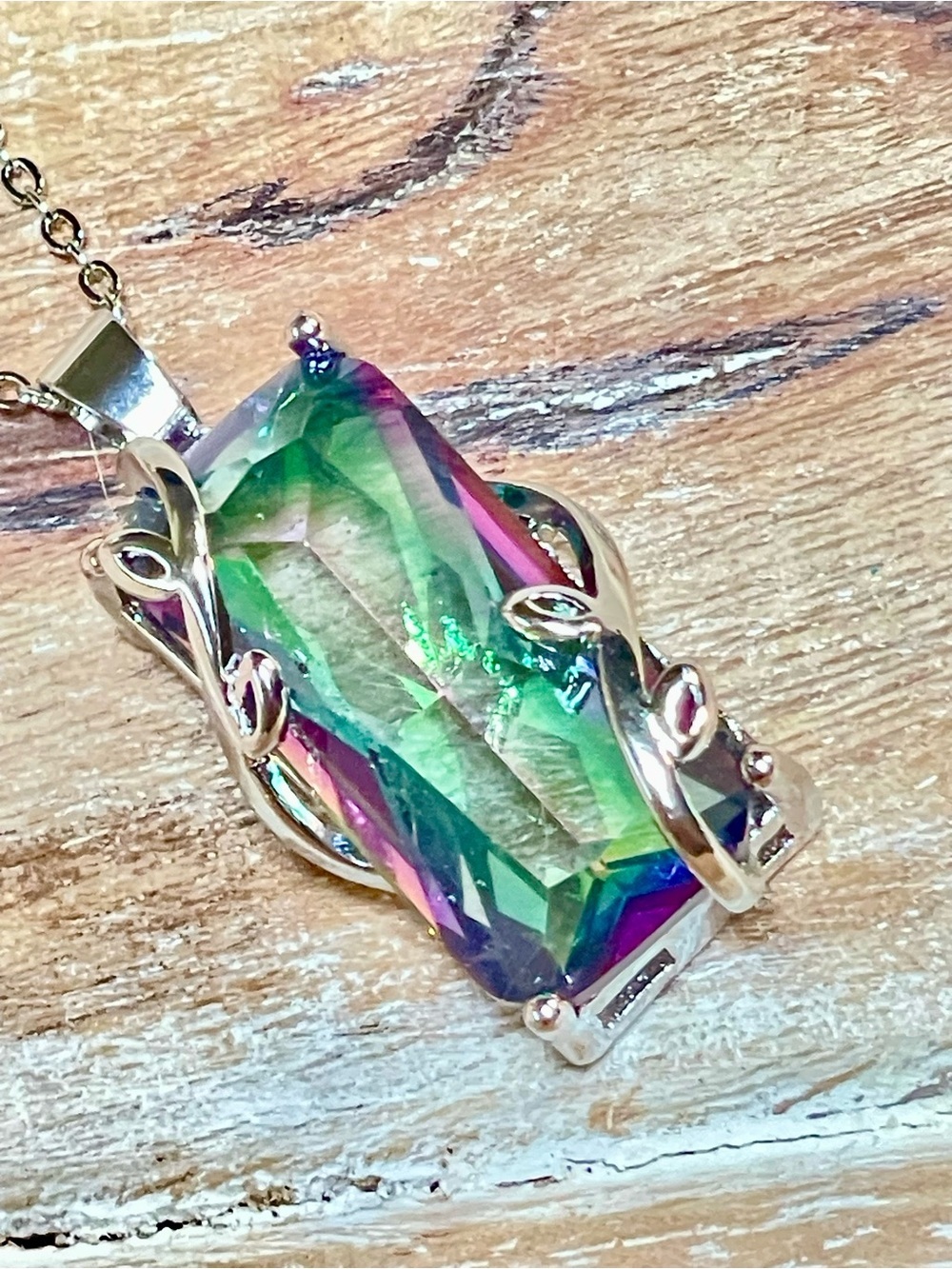 Multicolor AB Stone Pendant Necklace in Green and Pink Tones Set in Sterling